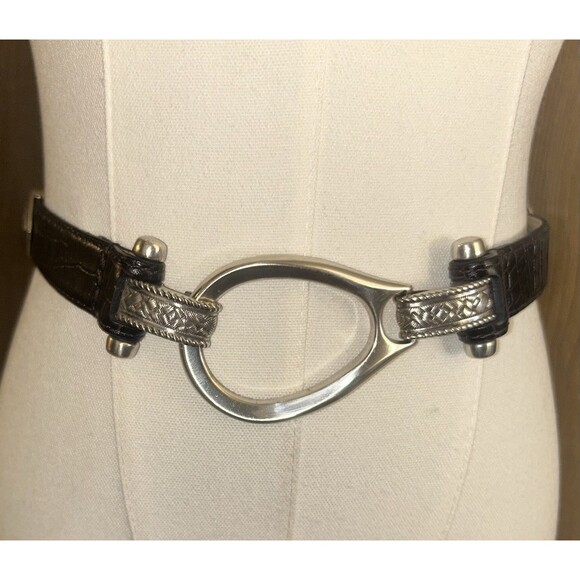 Coldwater Creek Leather Embossed Snake Print Silver Hearts Hipslung Belt 27"-34" - Picture 3 of 12